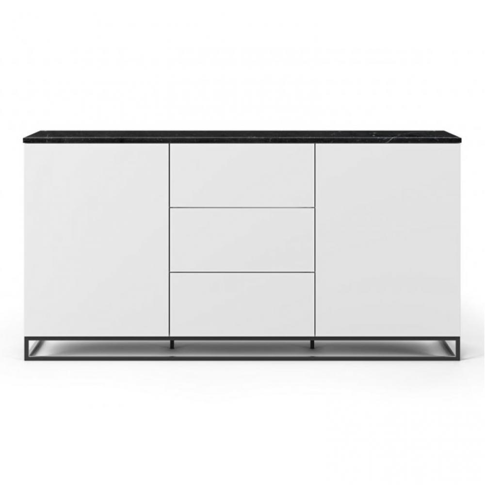 Buffet WHITY 2 blanc mat 180cm 2 portes/3 tiroirs Plateau en Marbre noir avec piètement noir